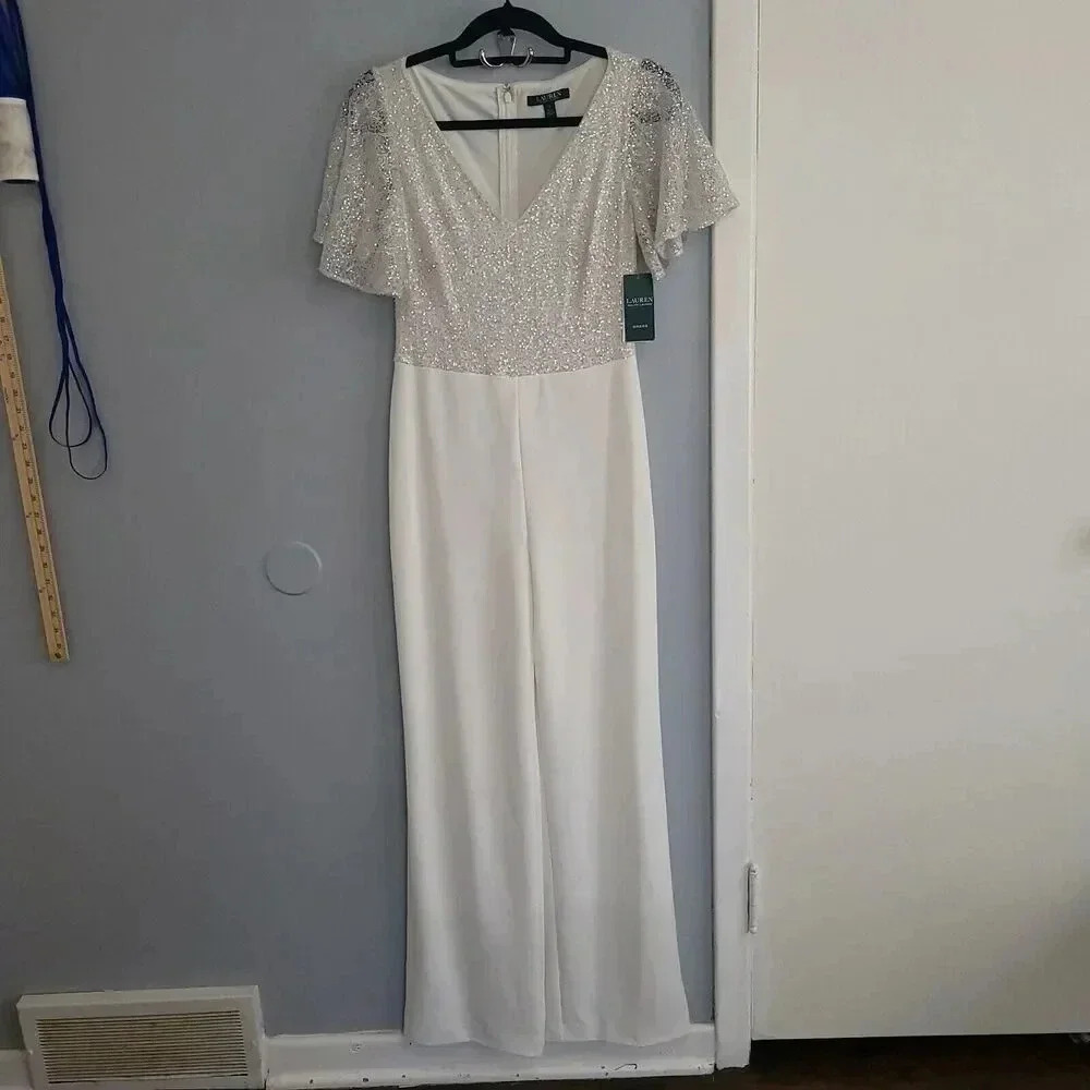 NWT Ralph Lauren Women's Jumpsuit Sz 2 White Beaded Sleeveless Straight Leg Pant